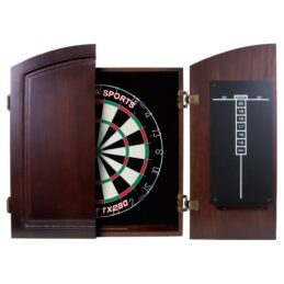 Dart Board Set SOLID WOOD CHERRY Darts Cabinet AND Bristle TX290 Dartboard