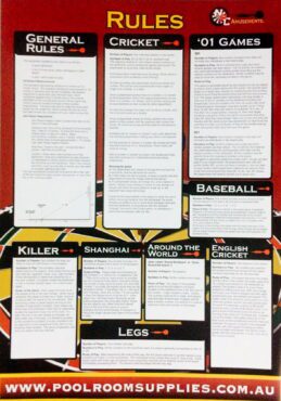 DART Board Darts General RULE CHART mounting instructions Cricket Keller