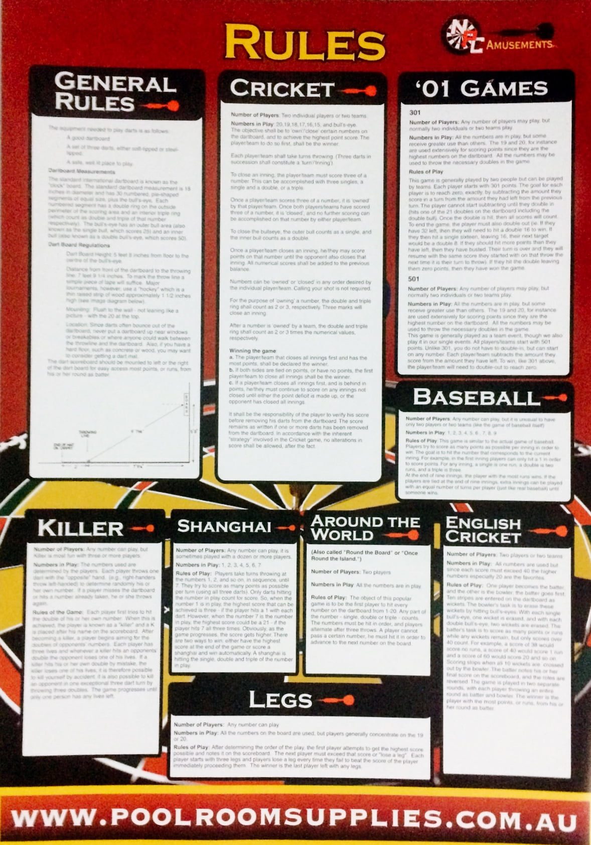 DART Board Darts General RULE CHART mounting instructions Cricket Keller