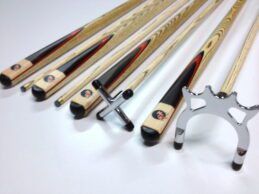 FULL ASH With Red Wood Flame Cue REST Set 2 x cues, 1 x Chrome Rest, 1 x Chrome Spider