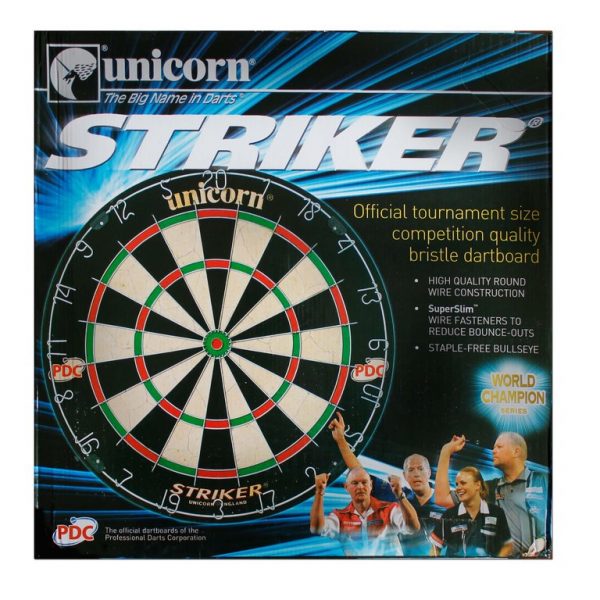 Unicorn Striker Dart Board staple-free bulls-eye, sisal bristle.