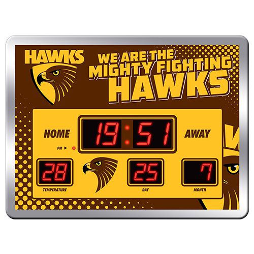Licensed AFL Hawthorn Hawks Aussie Rules Glass SCOREBOARD LED Clock