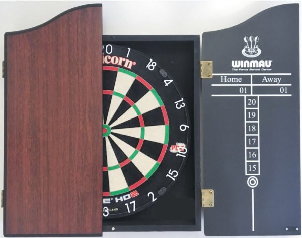 Unicorn Eclipse Pro 2 Dart Board & Winmau Rosewood Wooden Cabinet + 6 x Darts
