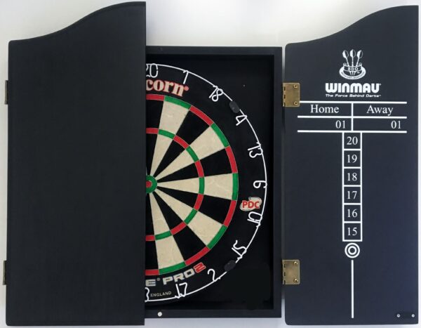 Unicorn Eclipse Pro 2 Dart Board & Winmau BLACK Wooden Cabinet + 6 x Darts