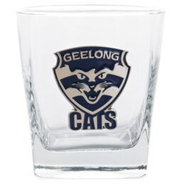 Set of 2 Geelong Cats AFL Square Spirit Glasses with Metal Badge