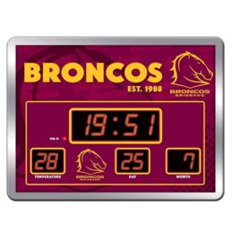Brisbane Broncos AFL Glass SCOREBOARD LED Clock Date Time Temp