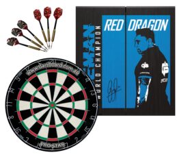 PRO STAR Bristle Dart Board + Red Dragon Gerwyn Price Cabinet + Darts Set