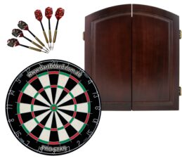 PRO STAR Bristle Dart Board + Solid Wood Cherry Cabinet + Darts Set