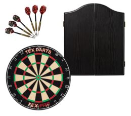 TEX PRO Tournament Blade Dart Board + Winmau Black Cabinet + Darts Set