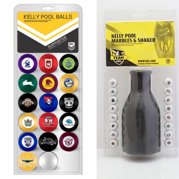 NRL ALL TEAMS Club Kelly Pool Snooker Billiard Balls with Marbles and Shaker Gift Set
