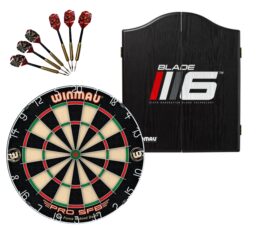 WINMAU PRO SFB Bristle Dart Board + Winmau Blade 6 Cabinet + Darts Set