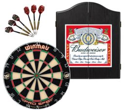 WINMAU PRO SFB Bristle Dart Board + Winmau Budweiser Beer Cabinet + Darts