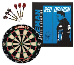 WINMAU PRO SFB Bristle Dart Board + Red Dragon Gerwyn Price Cabinet + Darts