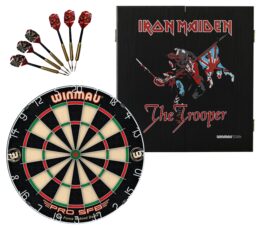 WINMAU PRO SFB Bristle Dart Board + Iron Maiden Trooper Cabinet + Darts Set