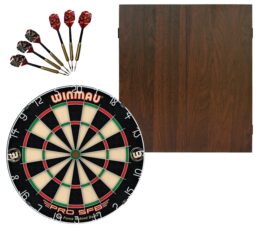 WINMAU PRO SFB Bristle Dart Board + Formula Walnut Cabinet + Darts