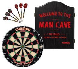 WINMAU PRO SFB Bristle Dart Board + Winmau Man Cave Cabinet + Darts Set