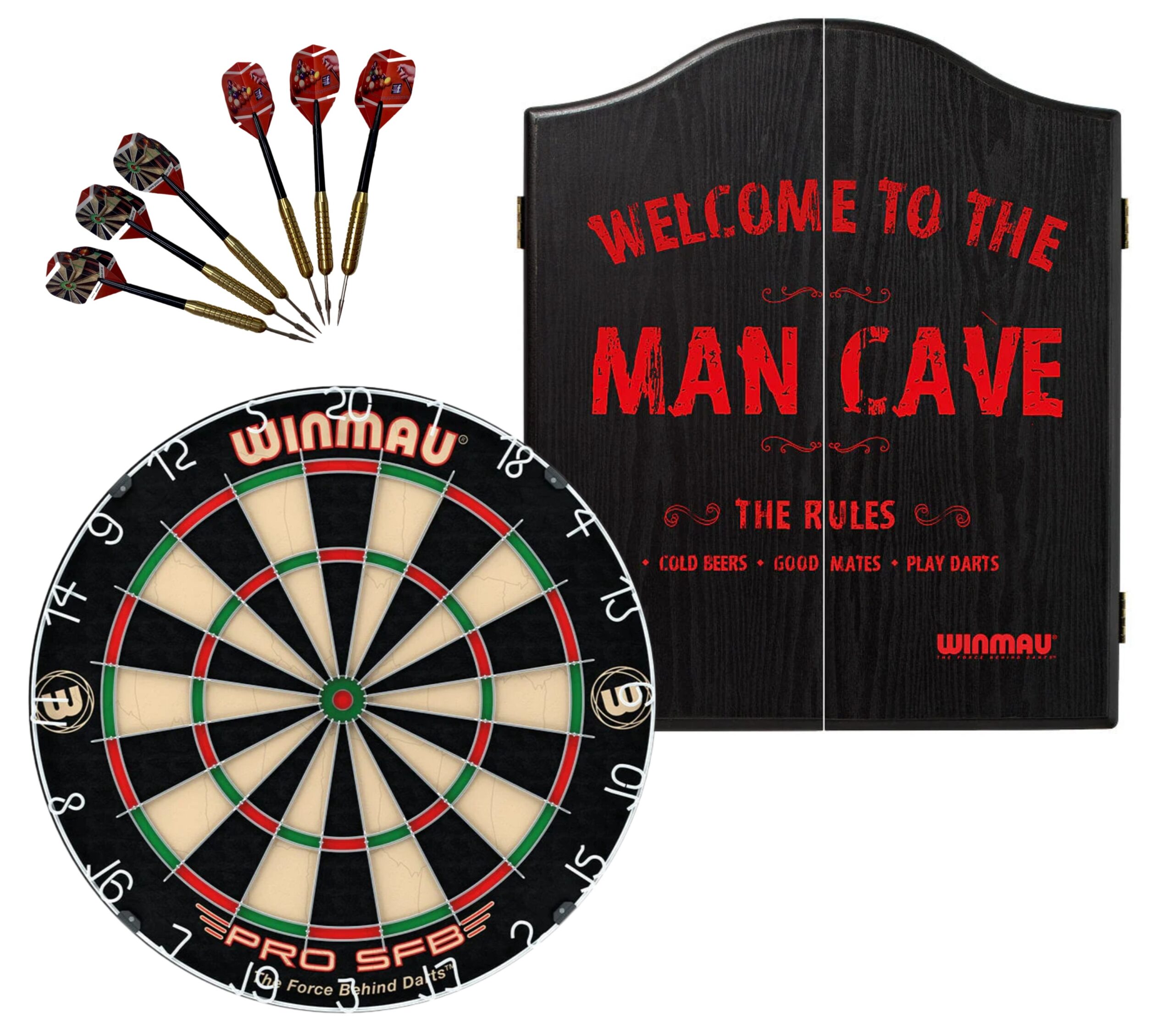 WINMAU PRO SFB Bristle Dart Board + Winmau Man Cave Cabinet + Darts Set 1 WINMAU PRO SFB Bristle Dart Board + Winmau Man Cave Cabinet + Darts Set
