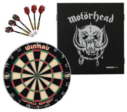 WINMAU PRO SFB Bristle Dart Board + Motorhead War Pig Cabinet + Darts Set