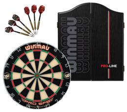 WINMAU PRO SFB Bristle Dart Board + Winmau Pro-Line Cabinet + Darts Set