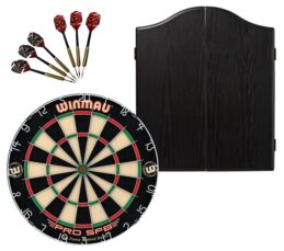 WINMAU PRO SFB Bristle Dart Board + Winmau Black Cabinet + Darts