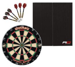 WINMAU PRO SFB Bristle Dart Board + Red Dragon Black Cabinet + Darts