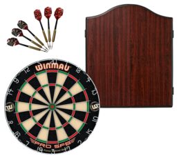 WINMAU PRO SFB Bristle Dart Board + Winmau Rosewood Cabinet + Darts