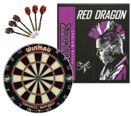 WINMAU PRO SFB Bristle Dart Board + Red Dragon Peter Wright Cabinet + Darts
