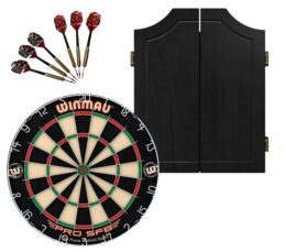 WINMAU PRO SFB Bristle Dart Board + Solid Wood Black Cabinet + Darts Set