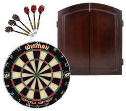 WINMAU PRO SFB Bristle Dart Board + Solid Wood Cherry Cabinet + Darts Set