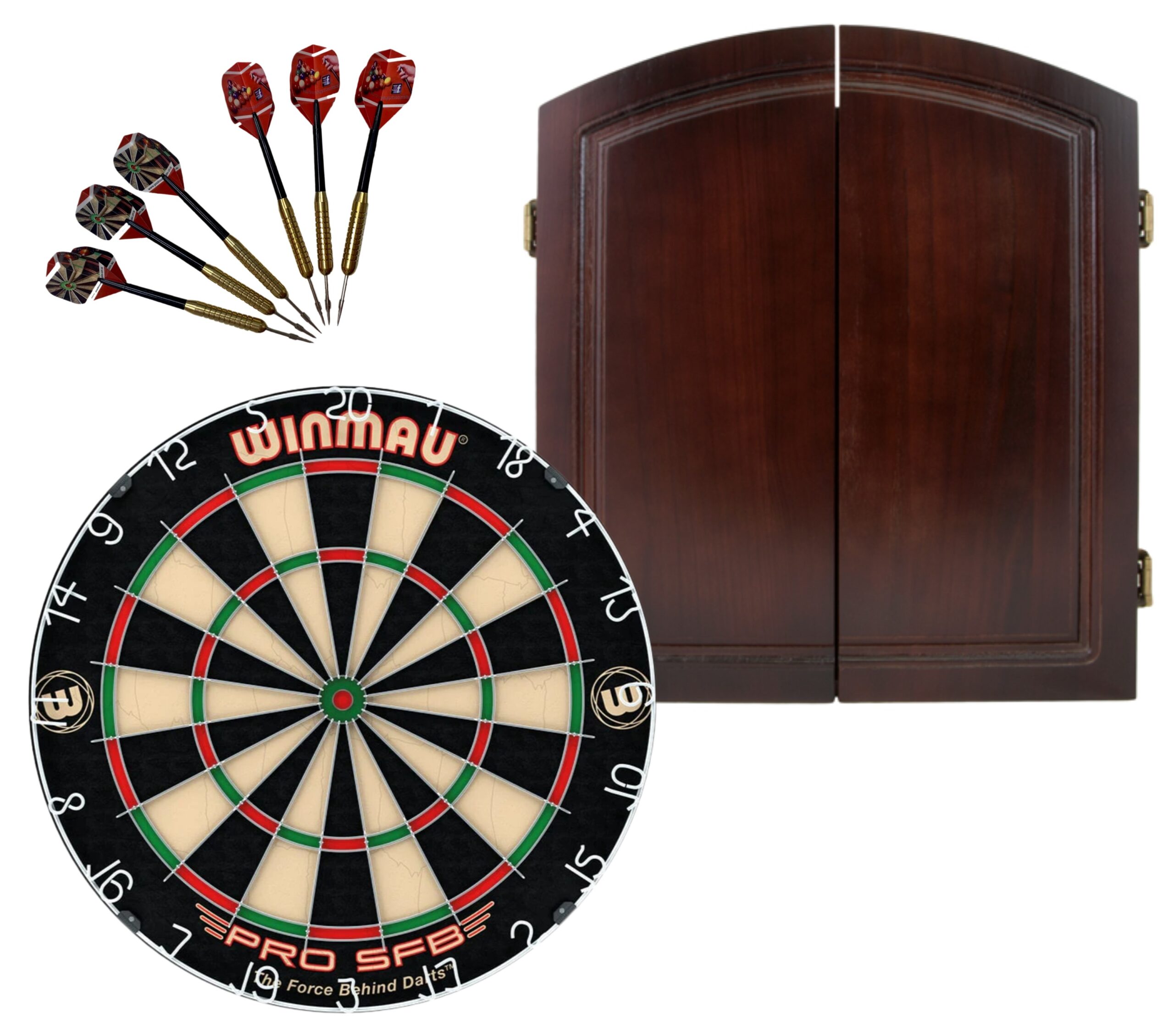 WINMAU PRO SFB Bristle Dart Board + Solid Wood Cherry Cabinet + Darts Set 1 WINMAU PRO SFB Bristle Dart Board + Solid Wood Cherry Cabinet + Darts Set