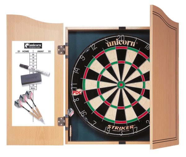 Unicorn Striker Home Dart Board Centre Cabinet & Board with 2 sets of Darts