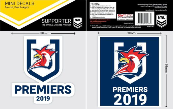 Sydney Roosters NRL 2019 Premiership Premiers Car Window 2 x MINI Decal Sticker