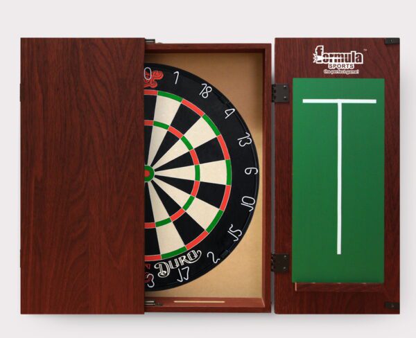 SHOT DARTS Bandit Duro Bristle Dart Board + Mahogany Cabinet + Darts