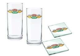 Friends Central Perk Design Set of 2 Highball Glasses and Glass Coasters