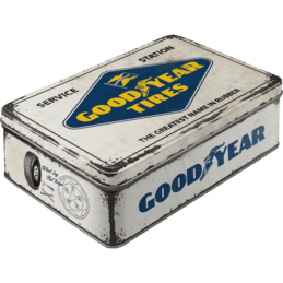 Goodyear Logo White Embossed German Made Flat Tin Storage Box