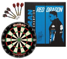 WINMAU PDS Diamond Plus Dartboard + Red Dragon Gerwyn Price Cabinet + Darts Set