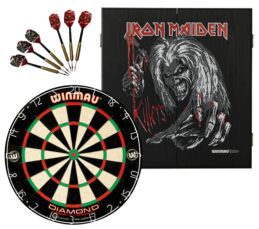 WINMAU PDS Diamond Plus Dartboard + Iron Maiden Killers Cabinet + Darts Set