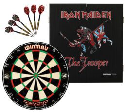 WINMAU PDS Diamond Plus Dartboard + Iron Maiden Trooper Cabinet + Darts Set
