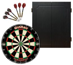 WINMAU PDS Diamond Plus Dartboard + Shot Darts Quantum Cabinet + Darts Set