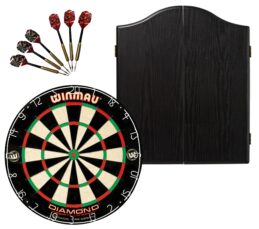 WINMAU PDS Diamond Plus Dartboard + Winmau Black Cabinet + Darts Set