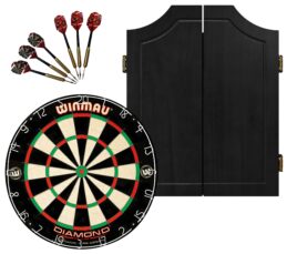 WINMAU PDS Diamond Plus Dartboard + Solid Wood Black Cabinet + Darts Set
