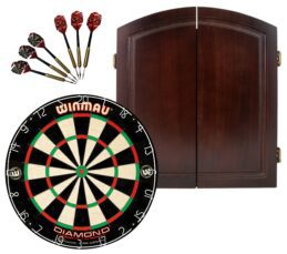 WINMAU PDS Diamond Plus Dartboard + Solid Wood Cherry Cabinet + Darts Set