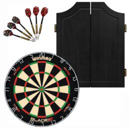 Winmau Blade 6 DUAL CORE Dart Board + Solid Wood Black Cabinet + Darts Set