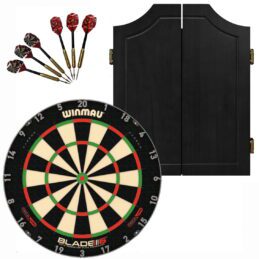 Winmau Blade 6 TRIPLE CORE Dart Board + Black Solid Wood Cabinet + Darts Set