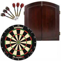 Winmau Blade 6 TRIPLE CORE Dart Board + Cherry Solid Wood Cabinet + Darts Set