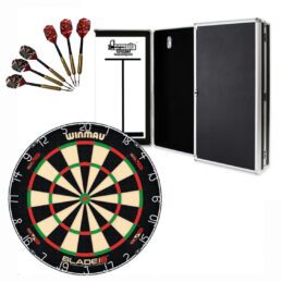 Winmau Blade 6 DUAL CORE Dart Board + Aluminium Cabinet + Darts Set