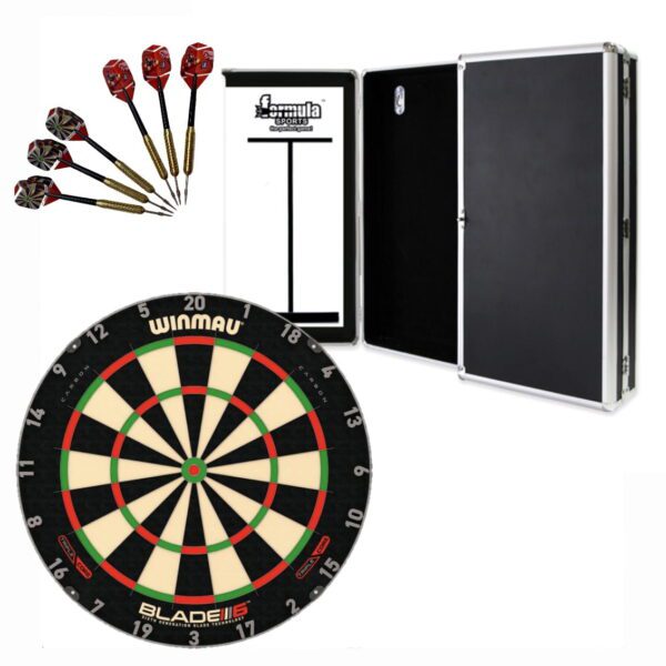 Winmau Blade 6 TRIPLE CORE Dart Board + Aluminium Cabinet + Darts Set