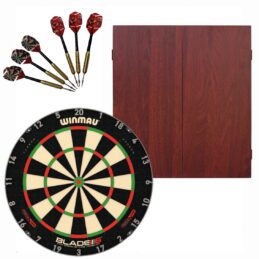 Winmau Blade 6 TRIPLE CORE Dart Board + Mahogany Cabinet + Darts Set