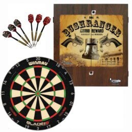 Winmau Blade 6 TRIPLE CORE Dart Board + Ned Kelly Cabinet + Darts Set