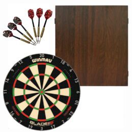 Winmau Blade 6 TRIPLE CORE Dart Board + Walnut Cabinet + Darts Set